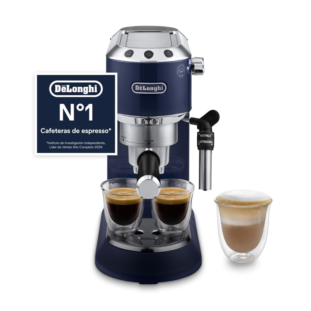 Dedica Style - Perfetto Machine à Expresso Compacte, Mousseur de Lait Manuel pour Expresso et Cappuccino, Bleu - Exclusive at Caforio