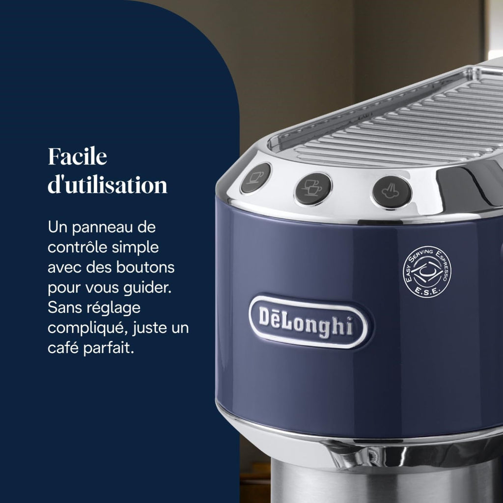 Dedica Style - Perfetto Machine à Expresso Compacte, Mousseur de Lait Manuel pour Expresso et Cappuccino, Bleu - Exclusive at Caforio