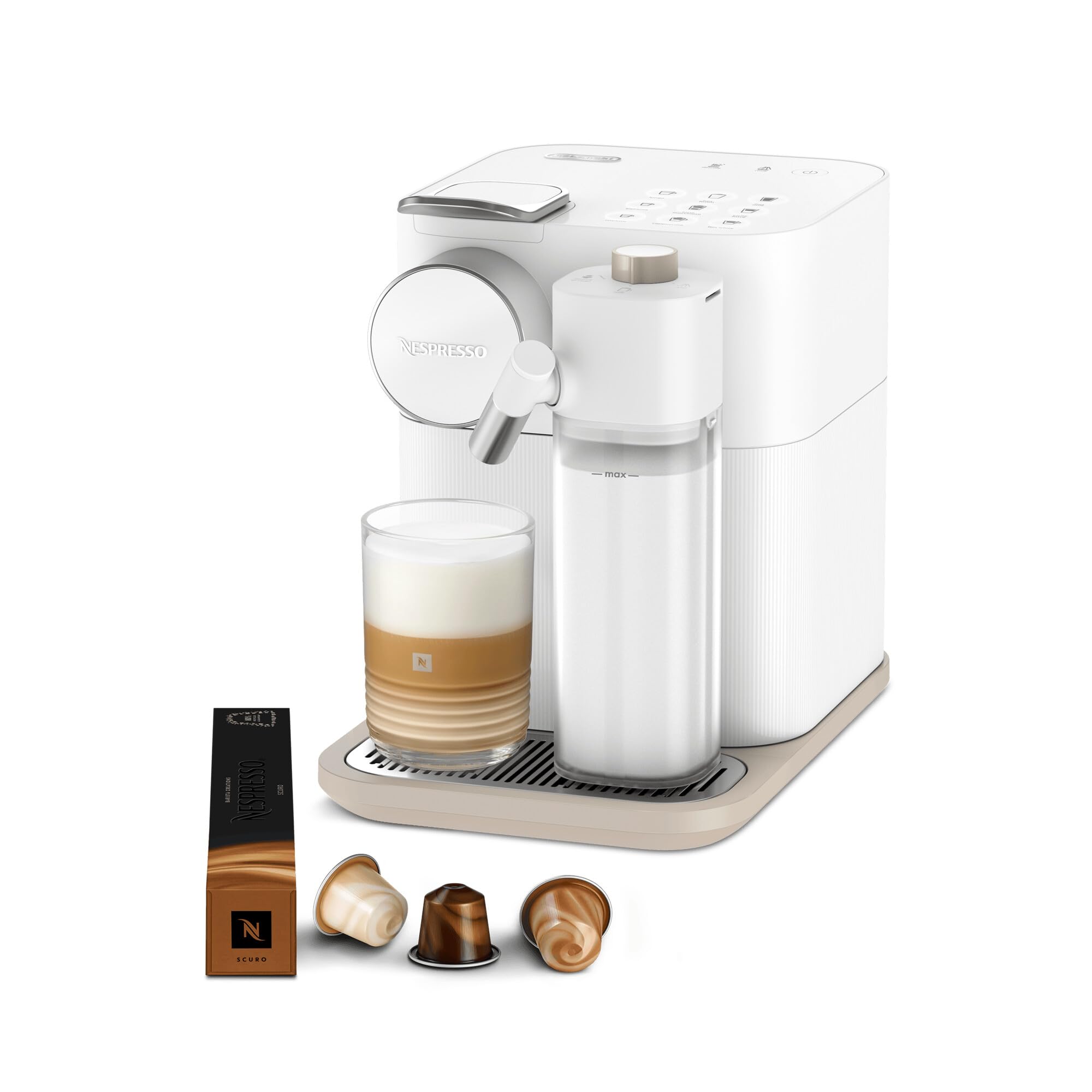 Machine à café Gran Lattissima Blanche, 19 Bars + Kit de Bienvenue, Design Compact, Expresso, Lungo et Recettes Lactées, Arrêt Automatique, Blanc - Exclusive at Caforio