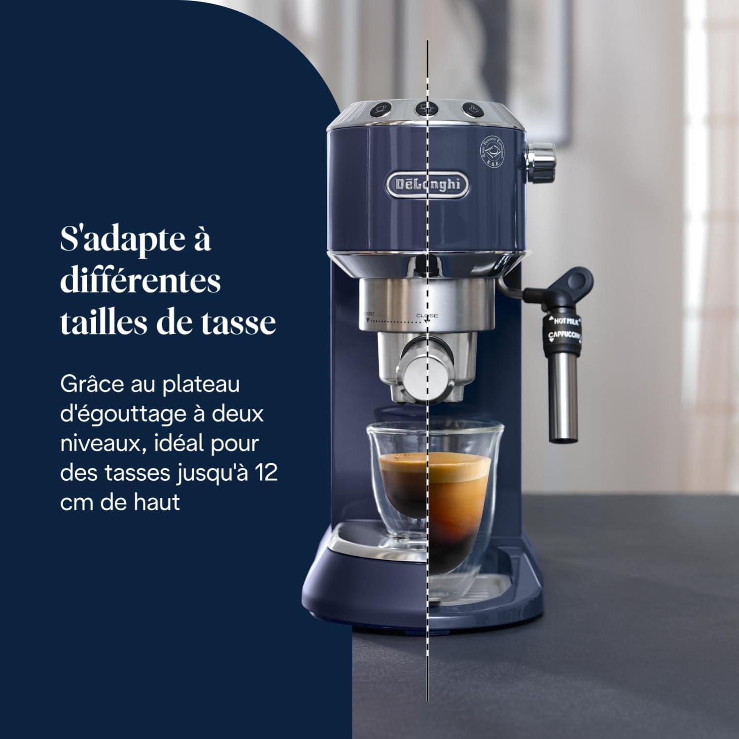 Dedica Style - Perfetto Machine à Expresso Compacte, Mousseur de Lait Manuel pour Expresso et Cappuccino, Bleu - Exclusive at Caforio