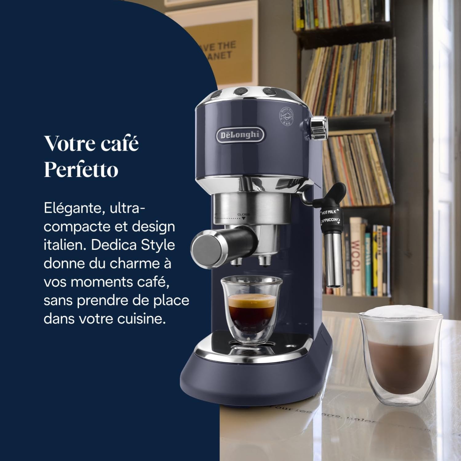 Dedica Style - Perfetto Machine à Expresso Compacte, Mousseur de Lait Manuel pour Expresso et Cappuccino, Bleu - Exclusive at Caforio