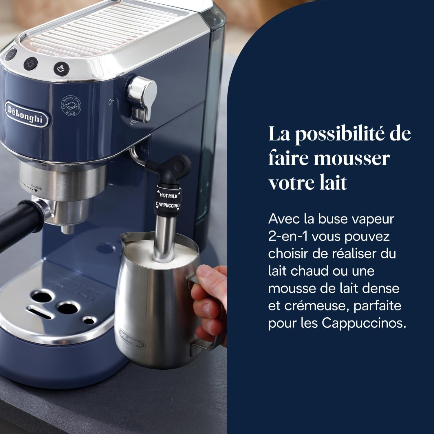 Dedica Style - Perfetto Machine à Expresso Compacte, Mousseur de Lait Manuel pour Expresso et Cappuccino, Bleu - Exclusive at Caforio