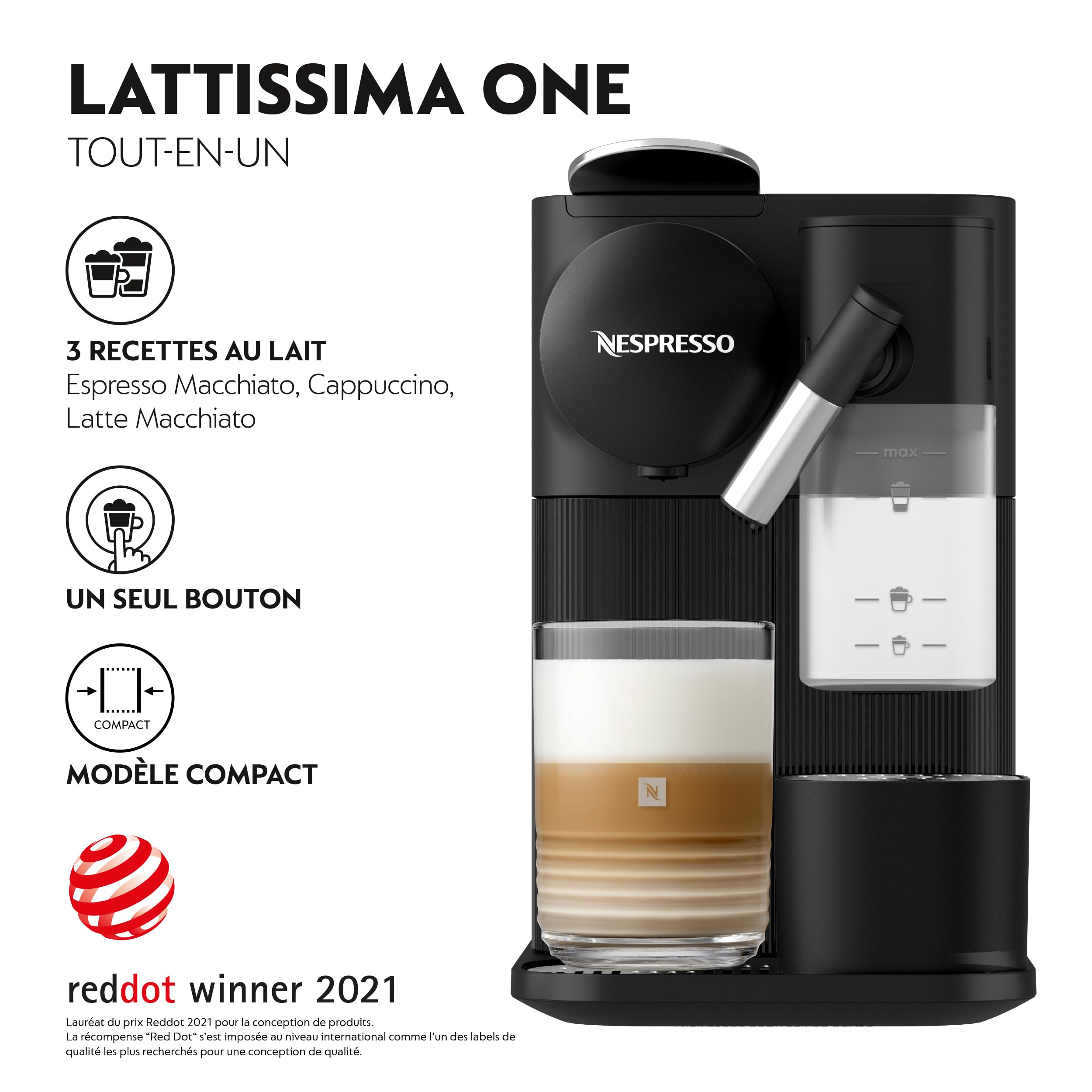 Machine à café Lattissima One Noir, 19 Bars + Kit de Bienvenue, Design Compact, Expresso, Lungo et Recettes Lactées, Arrêt Automatique, Noir - Exclusive at Caforio